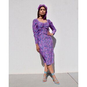 Zara Ditsy Floral Puff Sleeve Midi Dress‎ XS Pink Purple Cottage Romantic